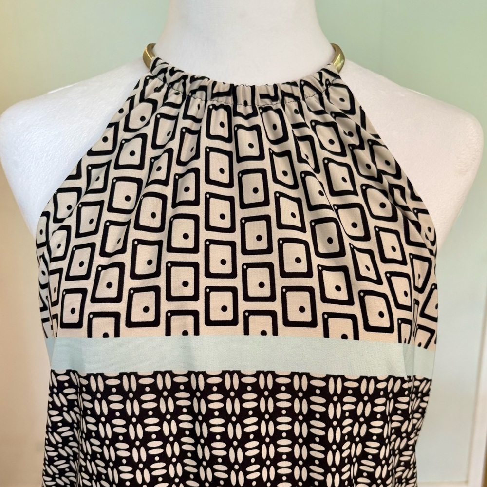 NWT, MSK, Halter Midi Dress with Gold Chain Neckline, Black/White/Blue, Size M - Picture 5 of 11